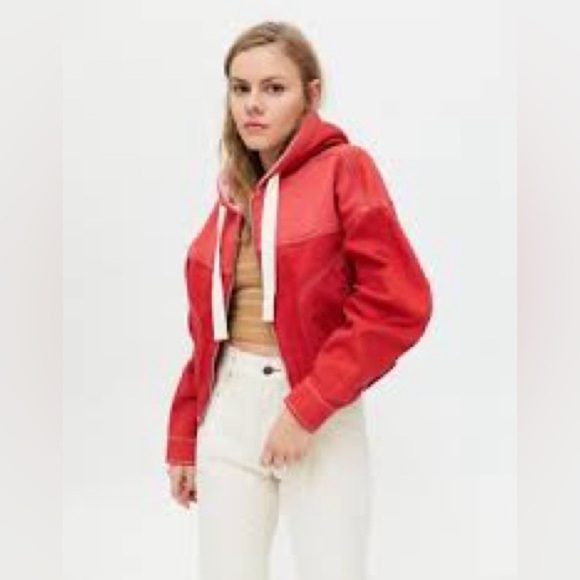 Urban outfitters cropped jacket red denim and sweatshirt size large - Picture 1 of 4